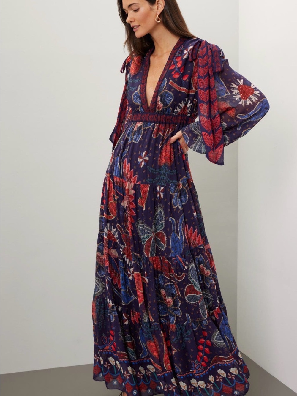 FARM Rio Purple Floral Boho Maxi Dress with Red & Blue Accents